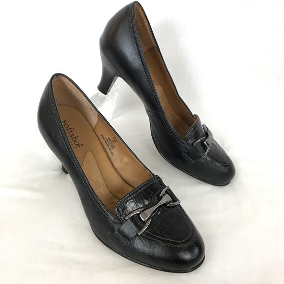 Softshoe by Medicus Pascal Career Heels 6 M Black Leather Horsebit Mock Croc EUC - Picture 1 of 8